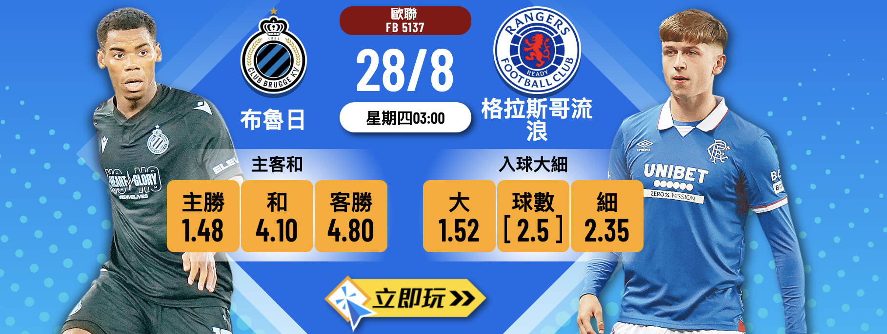 1場歐聯關鍵戰：布魯日 vs 格拉斯哥流浪 晉級形勢及波膽推介
