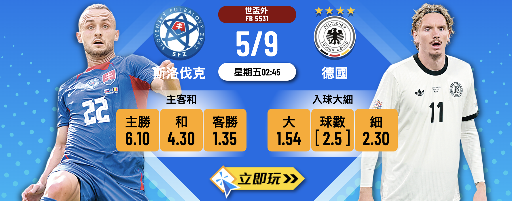世盃外前瞻：斯洛伐克 vs 德國 3大精準波膽推介