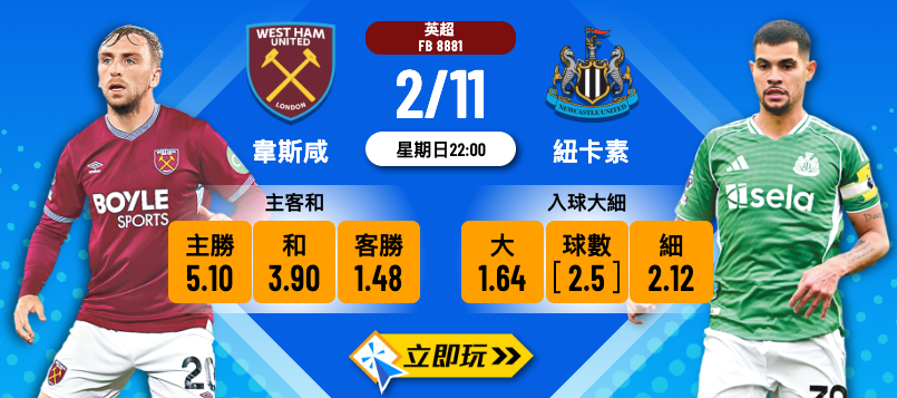 英超前瞻2025：韋斯咸 vs 紐卡素 數據分析及波膽心水推介