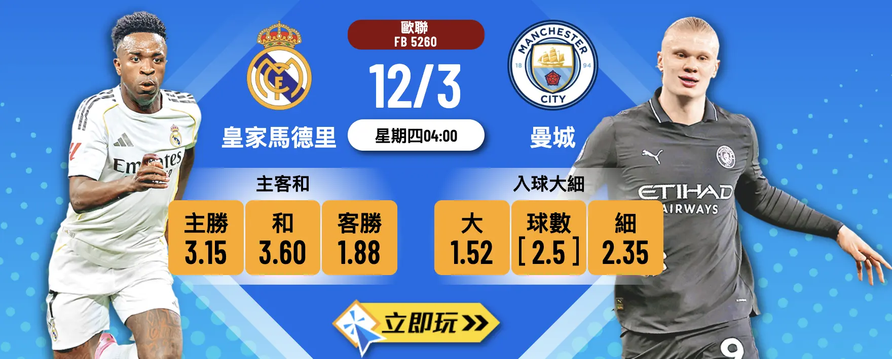 ⚽ 歐聯激戰！[皇家馬德里 vs 曼城] 3大波膽推介及盤口分析 ?
