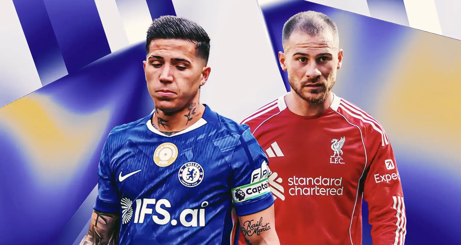 Two football players in blue Chelsea and red Liverpool kits stand back-to-back on a gradient background.