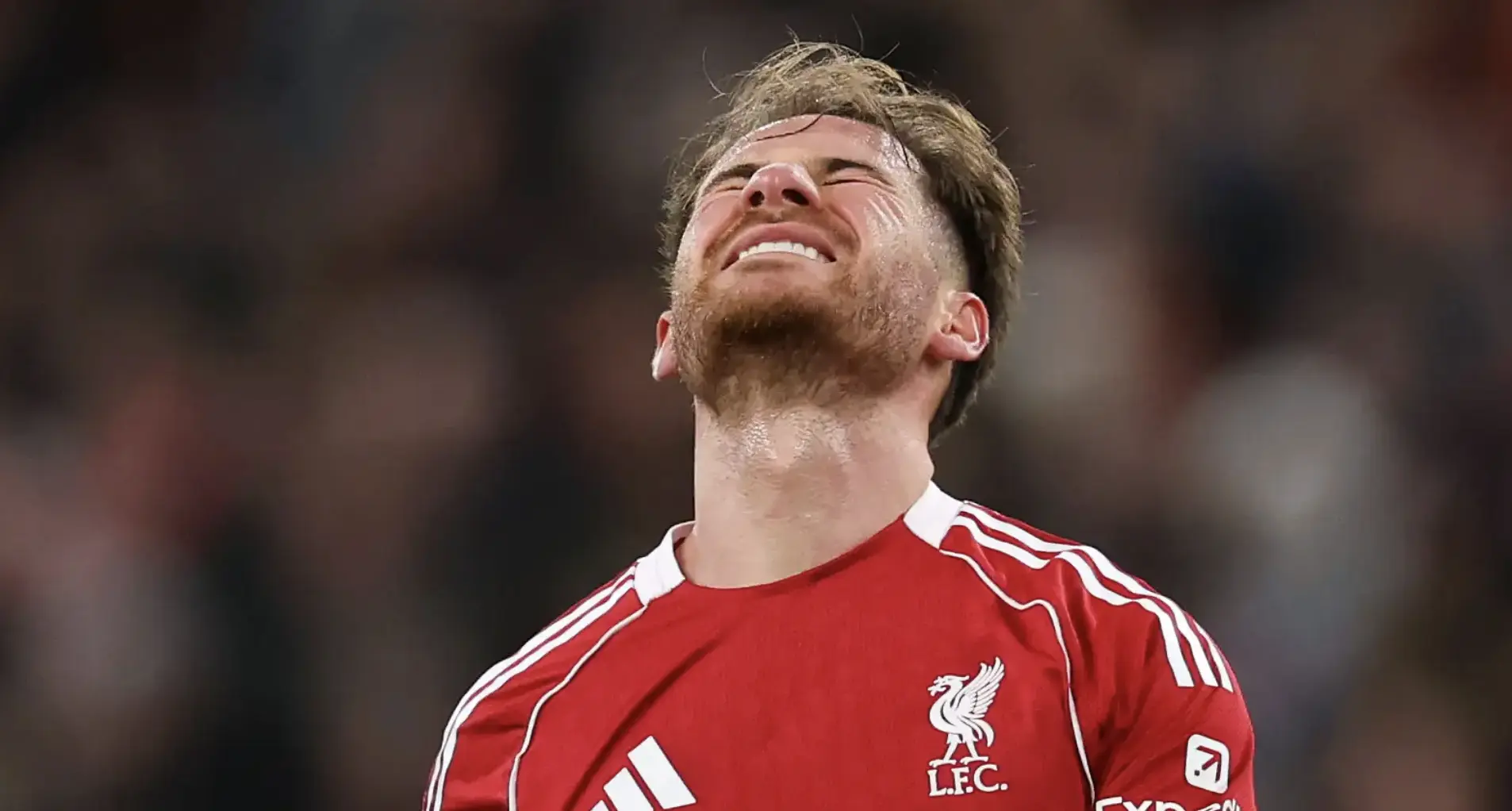 Liverpool FC player in a red jersey tilts his head back in celebration on the field.