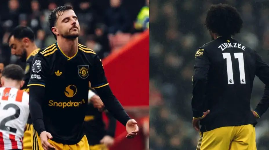 Split image of two footballers: left, a Manchester United player in black kit celebrating with eyes closed; right, a player wearing number 11 with 'Zirkzee' on his back