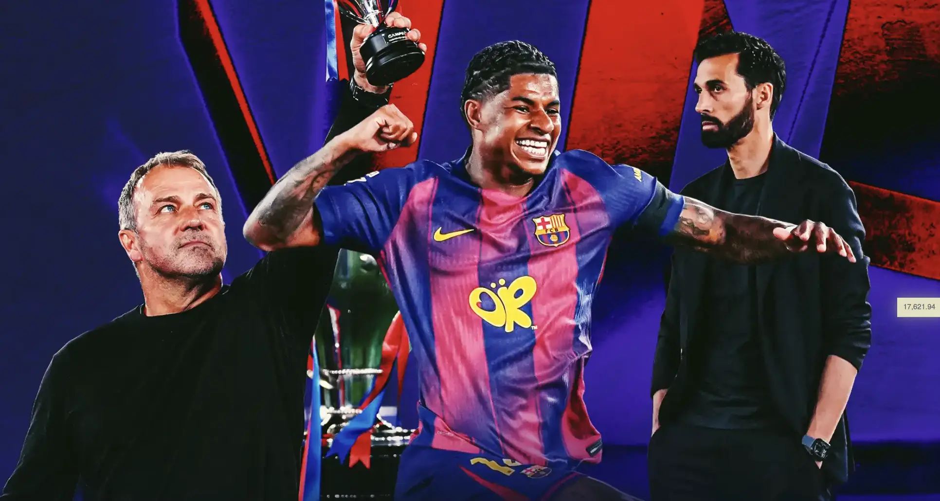 Footballer in a Barcelona jersey raises a trophy in celebration, flanked by teammates on a blue stage backdrop, cheering.