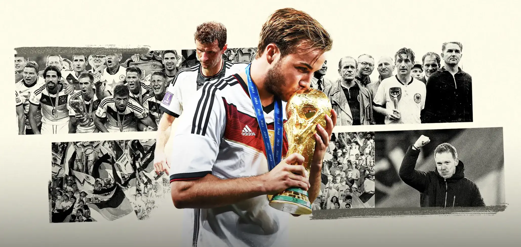 Soccer player wearing Germany jersey kissing a gold FIFA World Cup trophy with a collage of team celebration photos in the background.
