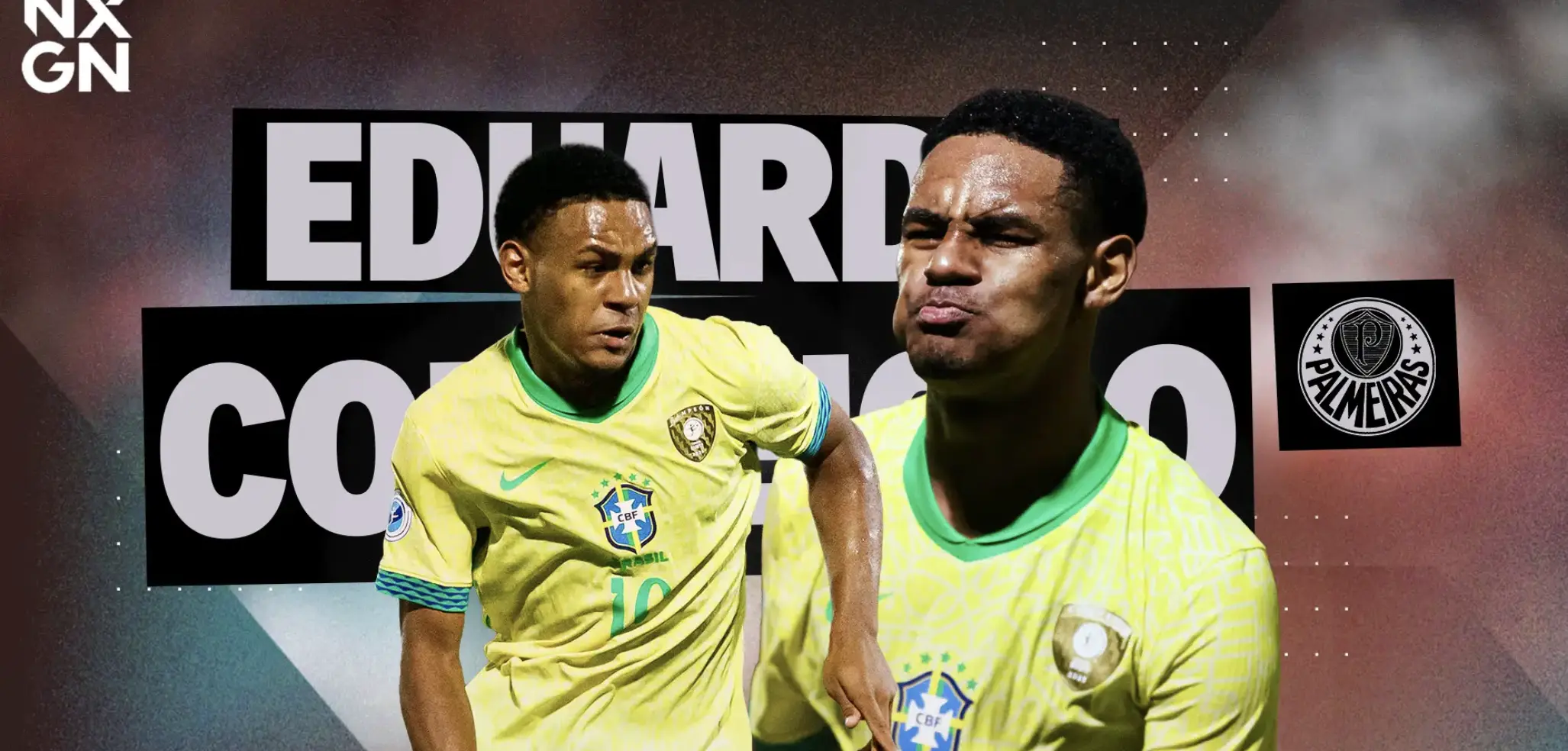 Two Brazilian footballers in yellow Brazil kits celebrate with determined expressions, set against a bold graphic banner and a Palmeiras logo in the background.