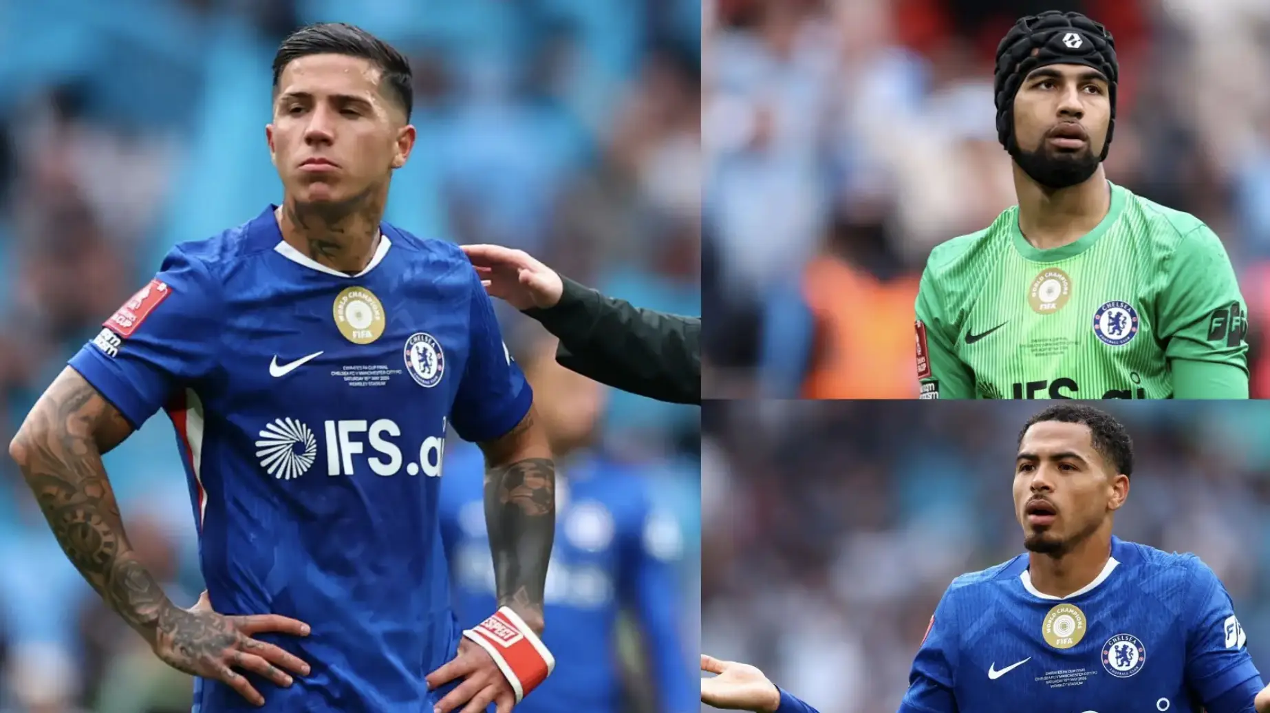 Collage showing Chelsea FC players in blue kits: a foreground outfield player with hands on hips, a green-jersey goalkeeper in the top right, and a second blue-jersey player bottom right.