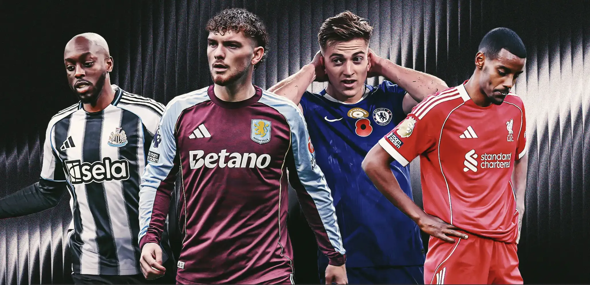 Four male soccer players in different club jerseys standing side by side against a dark background, as if posing for a team image.