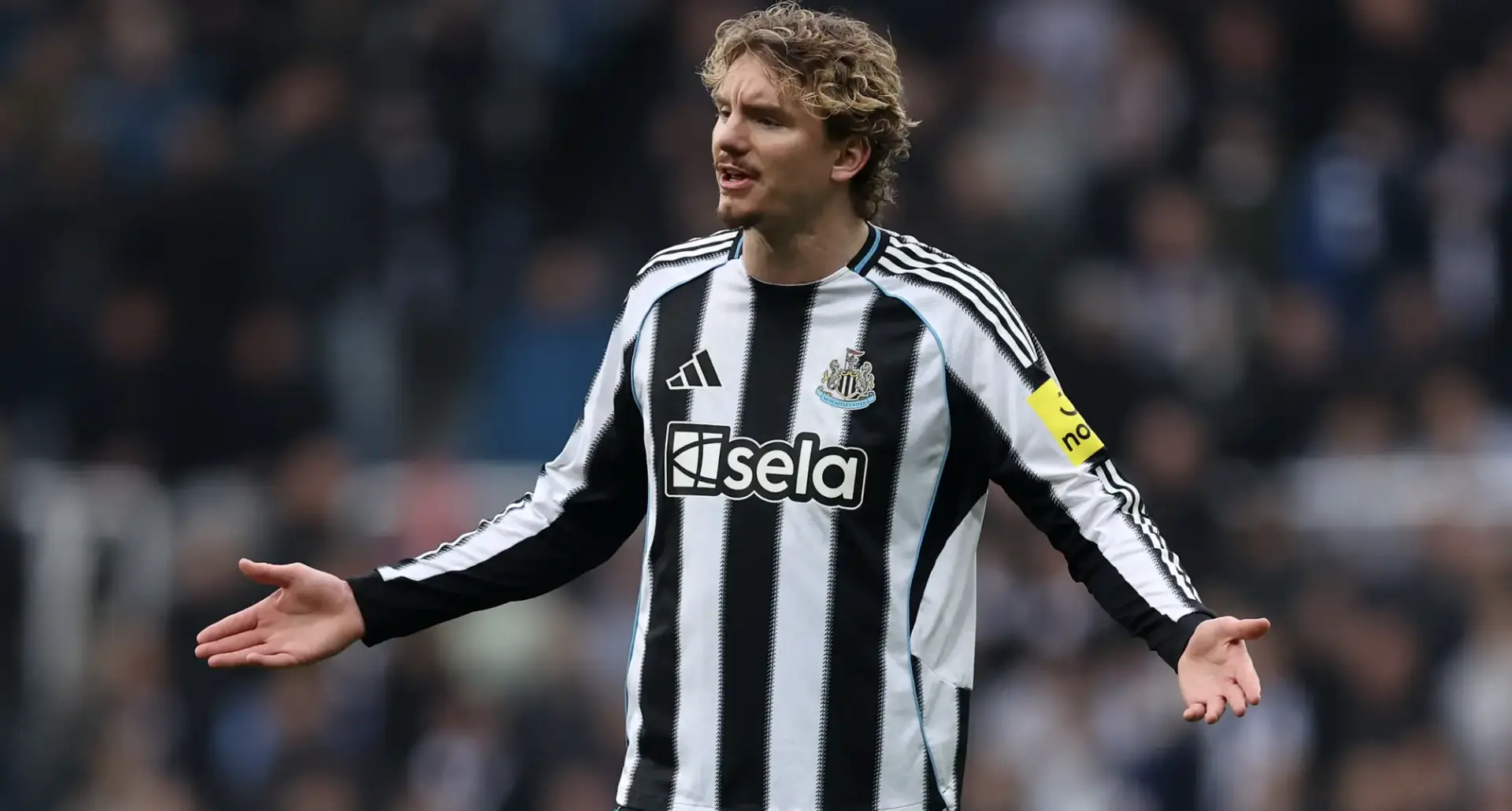 Footballer in a black-and-white striped Newcastle United jersey with arms outstretched, celebrating on the pitch.