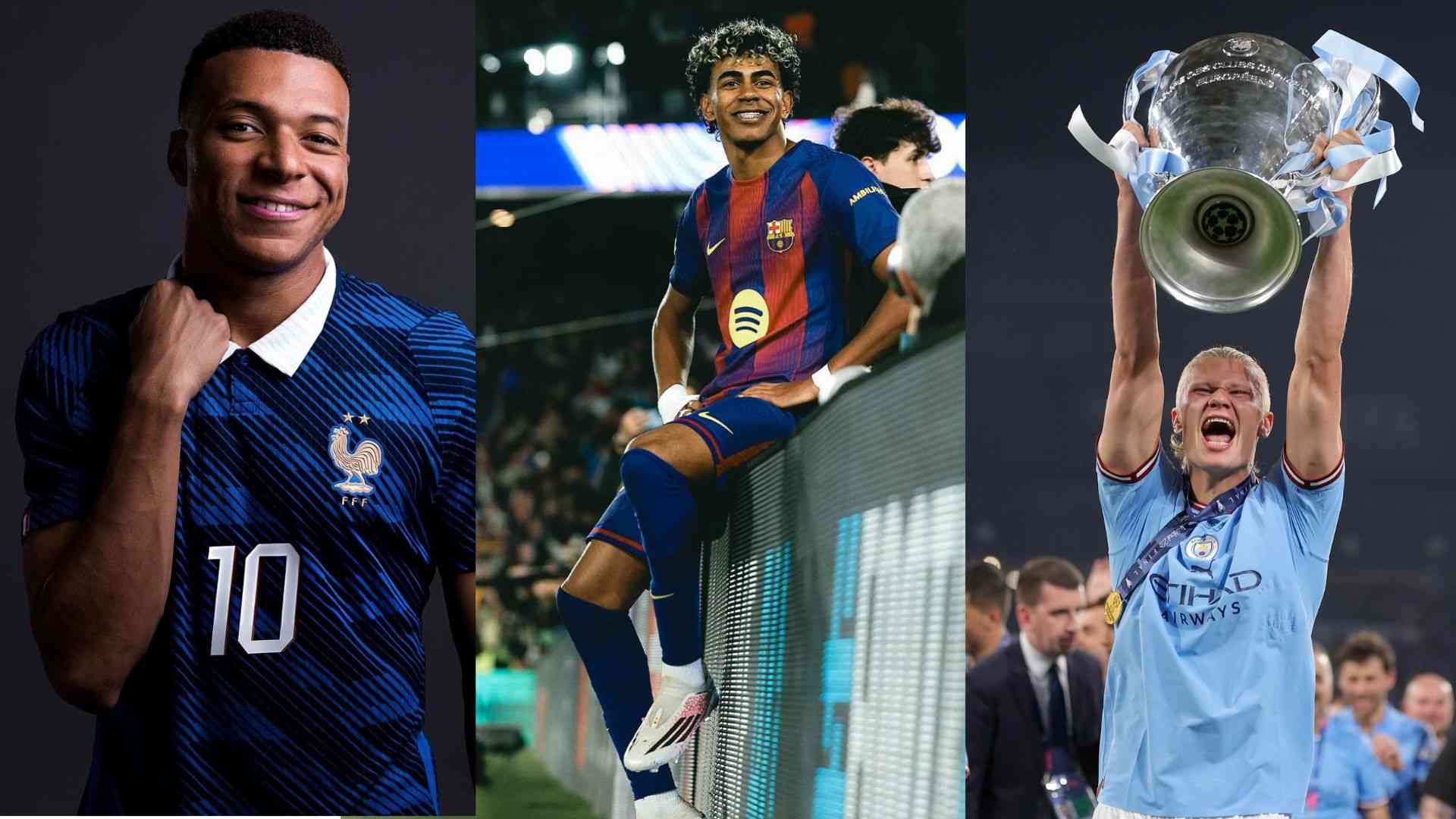 2026世界盃身價最高球員Top 10曝光 - 實發體育 Triptych of athletes: left a smiling male soccer player in a blue France jersey, center a Barcelona player celebrating near a sideline, right a female player lifting a European trophy overhead.
