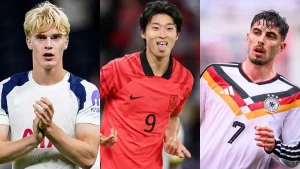 Triptych of three male soccer players in action, each wearing a different national team jersey: left in white/blue, center in red with tongue out, right in Germany kit with number 7.