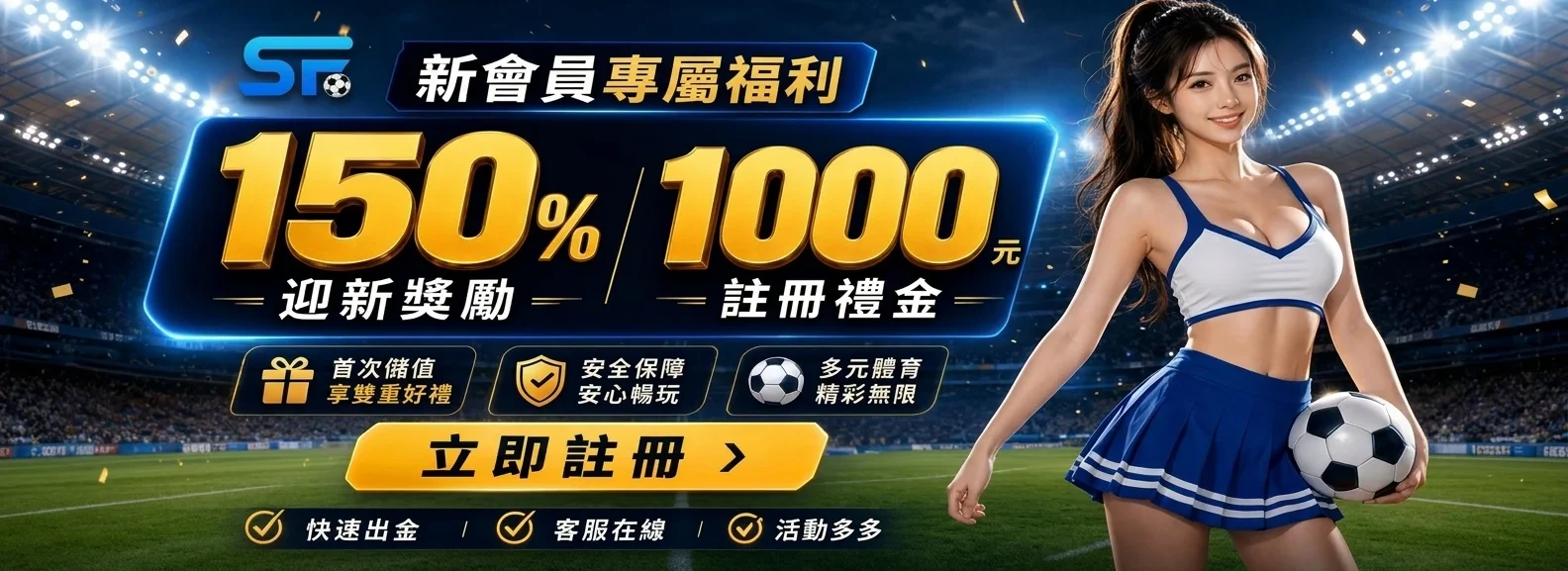 Promotional banner advertising 150% and 1000 yuan welcome rewards for new members, featuring a woman with a soccer ball.