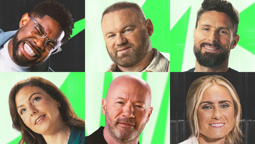 Six smiling people in a 3x2 collage with a bright green background—diverse adults in separate headshots, no context provided.
