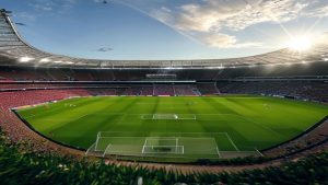 A large football stadium with a bright green pitch and red seating, sun low in the sky.