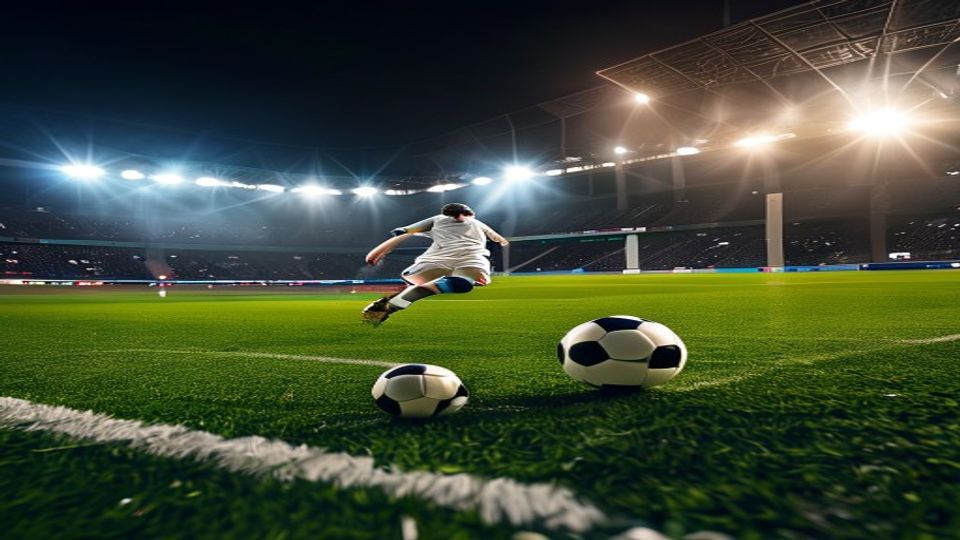 Soccer player in white kicking a ball on a brightly lit night stadium field, two balls in the foreground.