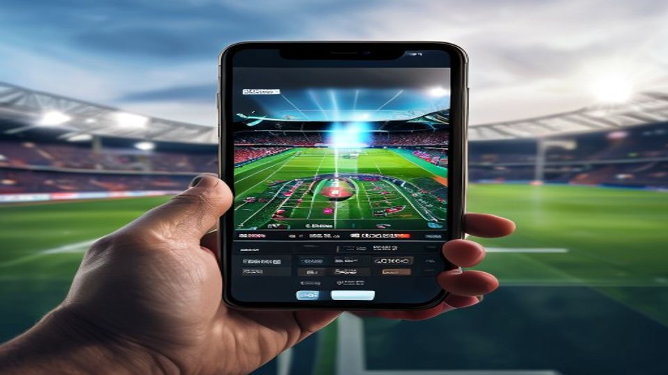 Hand holding a smartphone that displays a football stadium scene with bright lights and a green field on the screen