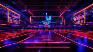 Neon-lit basketball arena with glowing red and blue court lines and large video screens in the background