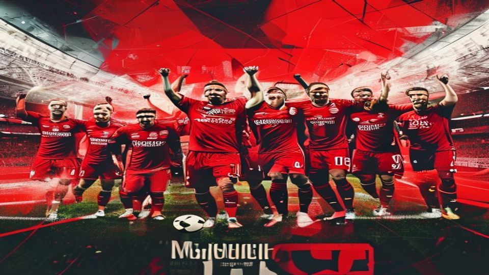 Soccer team in red jerseys celebrates on the field with arms raised.