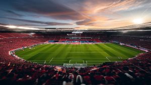Full view of a soccer stadium at sunset, with red seats surrounding a bright green pitch and goalposts visible.
