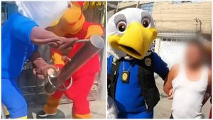 秘魯 - 實發體育 Two-panel image: left shows a person in blue overalls handling a metal pipe with a tool; right shows a large eagle mascot in a police vest posing with a blurred man nearby