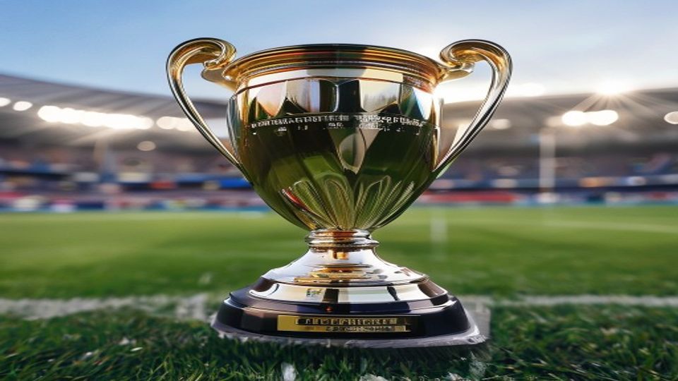 Golden trophy on a grassy field with a blurred stadium in the background, symbolizing victory in a sports competition.