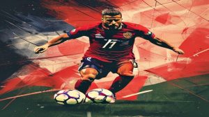 Soccer player wearing a red jersey with number 17 dribbling a ball on a green field, with an abstract red and blue background.