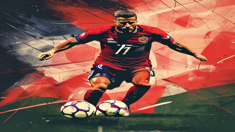 Soccer player wearing a red jersey with number 17 dribbling a ball on a green field, with an abstract red and blue background.