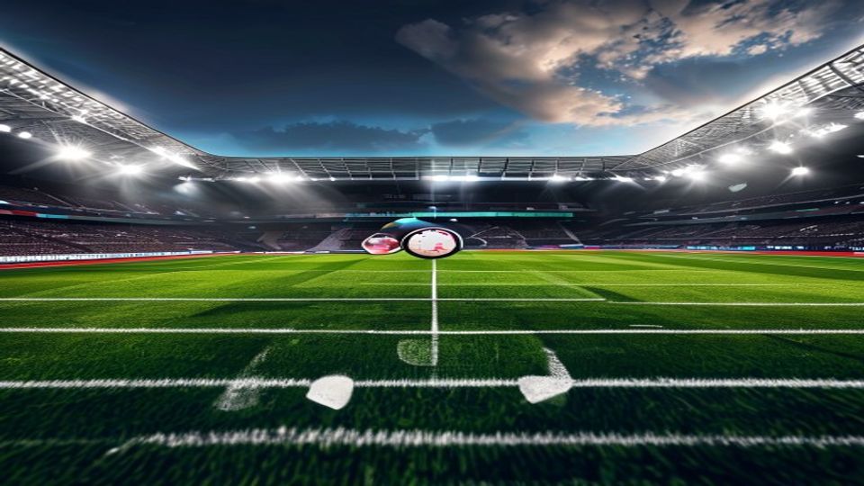 Soccer stadium at night with bright floodlights and a football on the center line at midfield