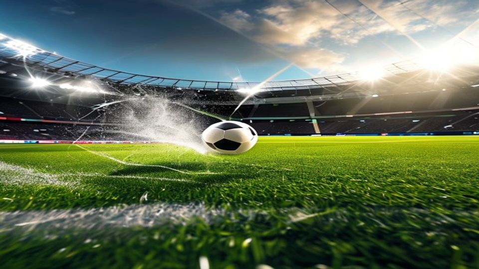 Soccer ball rolling on a wet pitch in a stadium with water spray and bright stadium lights.