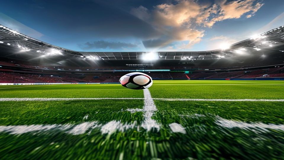 Soccer ball resting on the center line of a well-lit stadium field with empty red seats in the background.