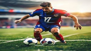 Soccer player in blue and red kit dribbles between two soccer balls on a grass field during a game.