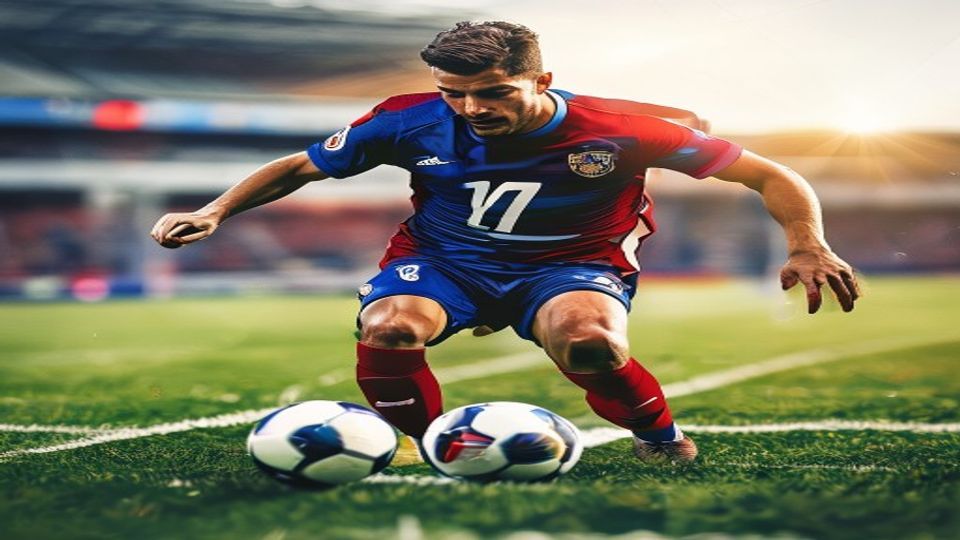 cover-8683-1783990909jpg - 實發體育 Soccer player in blue and red kit dribbles between two soccer balls on a grass field during a game.
