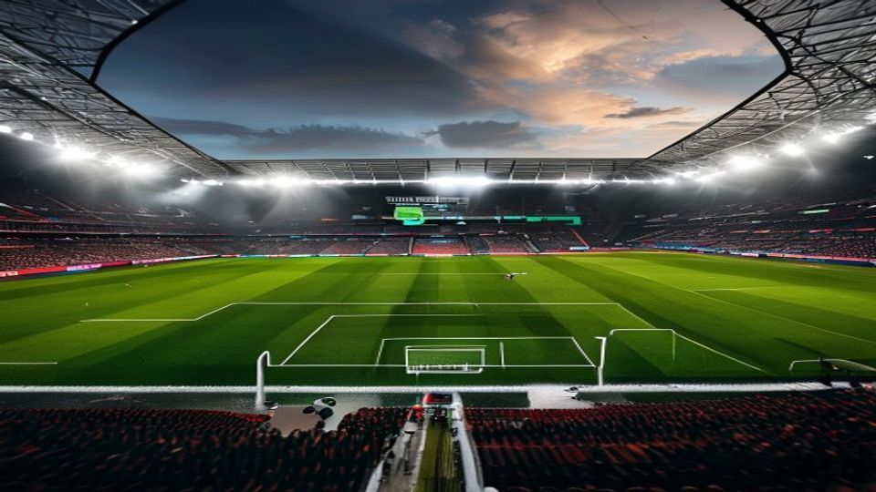 Wide view of a modern football stadium at dusk, bright floodlights over a lush green pitch and red seating surrounding the field.