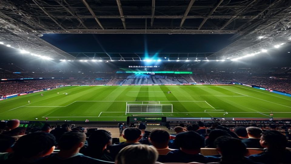 Full stadium of spectators under bright floodlights, overlooking a lush green football pitch.