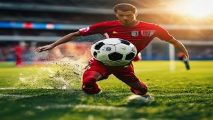 Soccer player in red uniform kicking a ball on a sunny field with water spray at his feet, stadium in the background