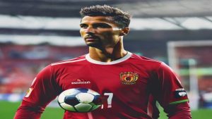 cover-8767-1784246469jpg - 實發體育 Male soccer player in a red jersey with number 7, standing with a ball against his chest on a stadium field at speed.