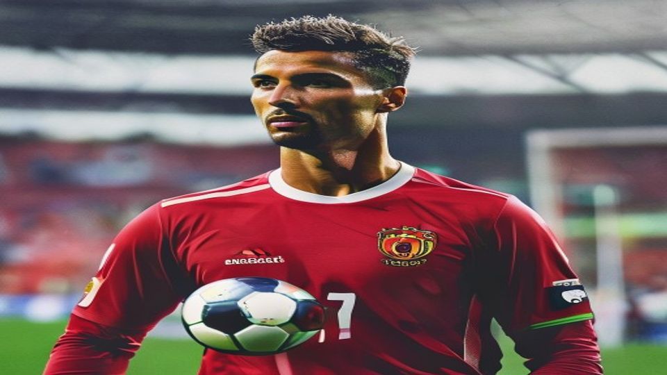 Male soccer player in a red jersey with number 7, standing with a ball against his chest on a stadium field at speed.