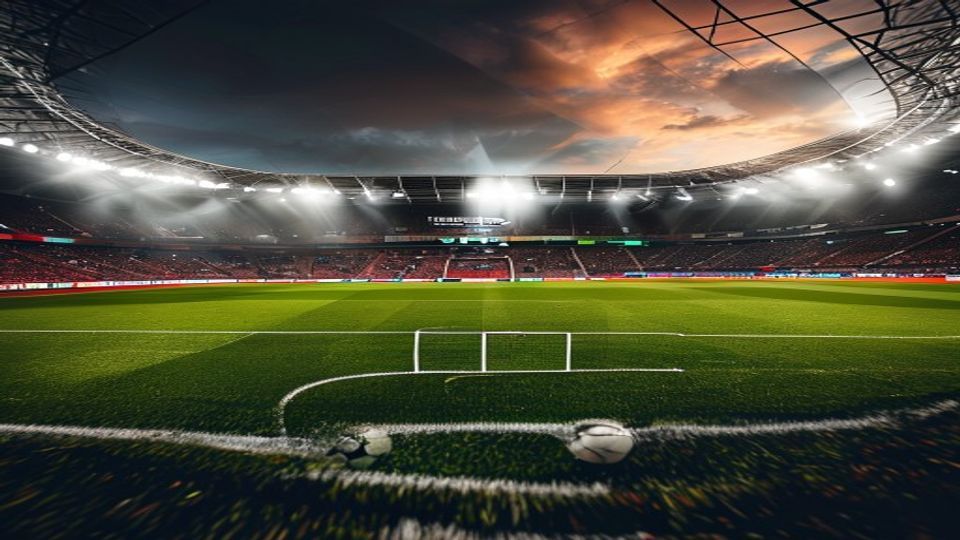 cover-8791-1784332855jpg - 實發體育 Soccer stadium at dusk with bright floodlights, empty red seats, and a green pitch near a white goal area in the foreground.