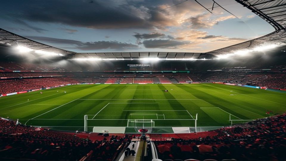 cover-8823-1784422830jpg - 實發體育 Large soccer stadium with red seats and bright floodlights over a green pitch at dusk, empty stands surrounding the field.