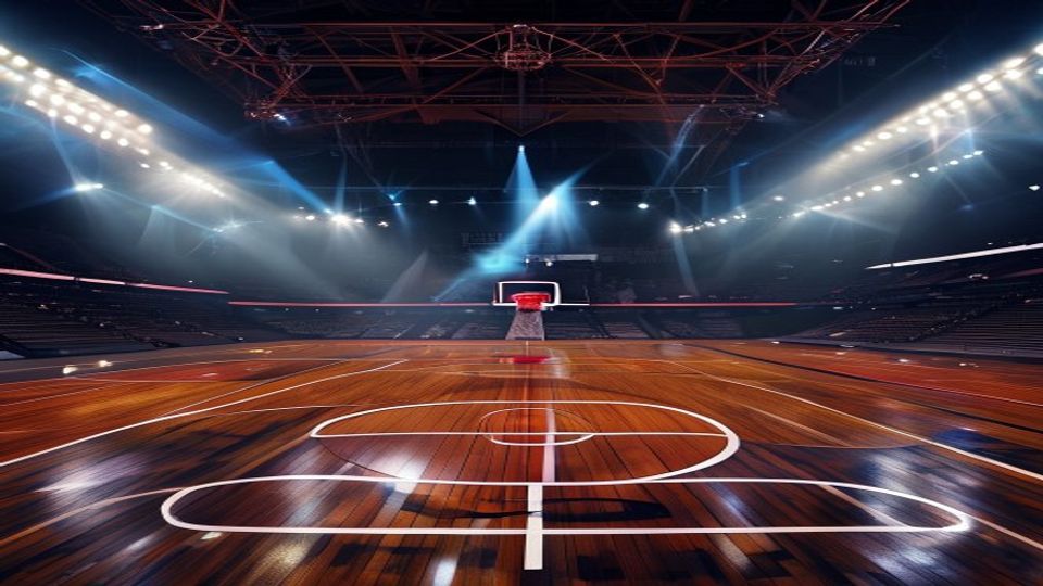 cover-8851-1784505650jpg - 實發體育 Empty indoor basketball court with polished wood, bright arena lights, and a red hoop at the far end