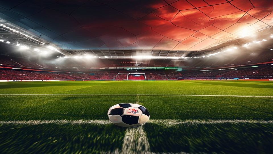 cover-8857-1784509236jpg - 實發體育 Soccer ball resting on the green pitch at the edge of the field with a large, illuminated stadium and a red-orange sunset sky in the background as floodlights glow overhead.