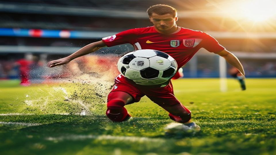 cover-8875-1784592064jpg - 實發體育 Soccer player in a red uniform kicking a ball on a sunlit green field, motion spray around feet.
