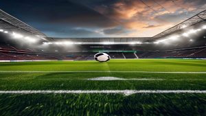 Soccer ball on the center line of a well-lit stadium pitch at dusk, empty stands surrounding a bright field.