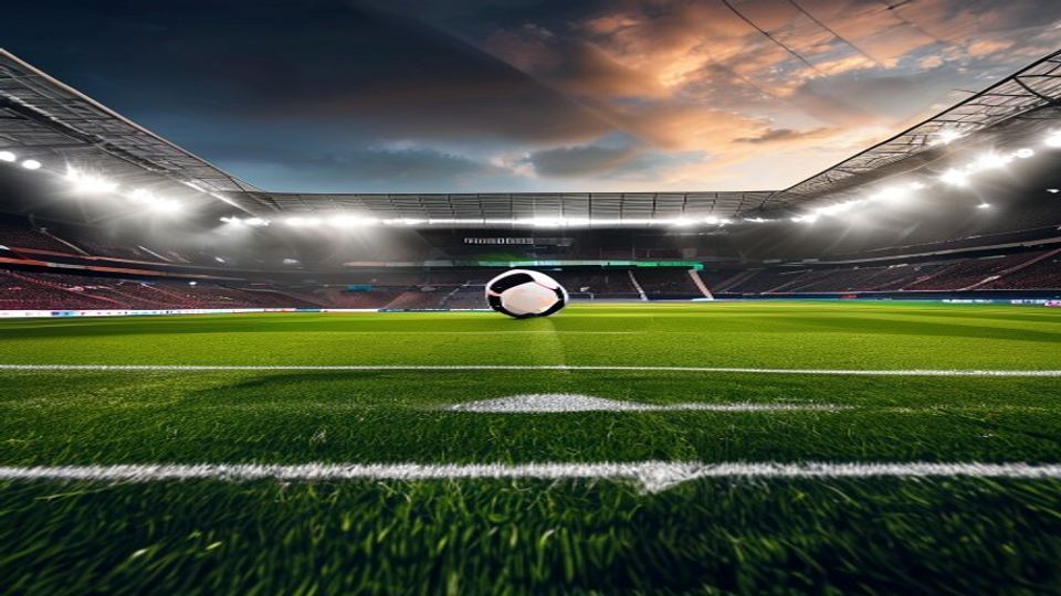 Soccer ball on the center line of a well-lit stadium pitch at dusk, empty stands surrounding a bright field.