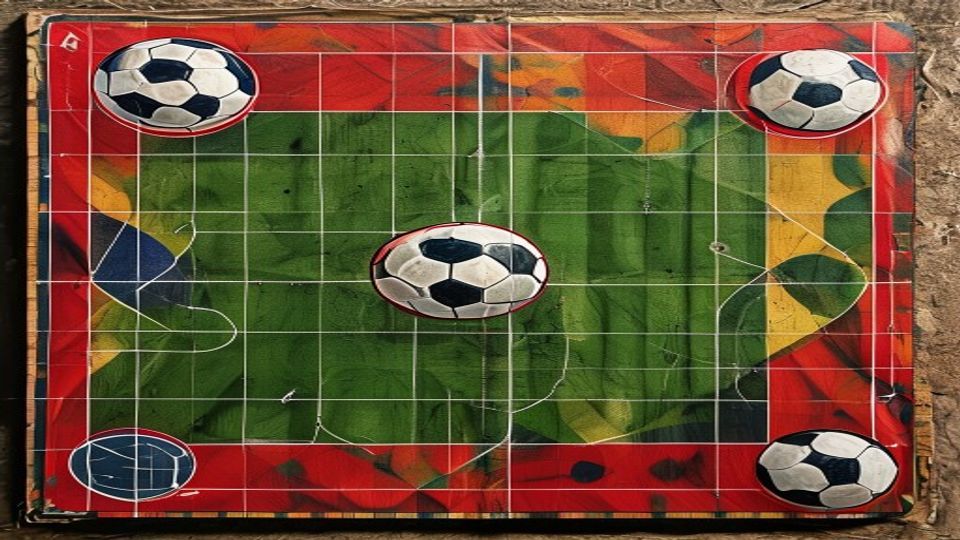 Colorful painted soccer field on the ground with five soccer balls at the corners and center.