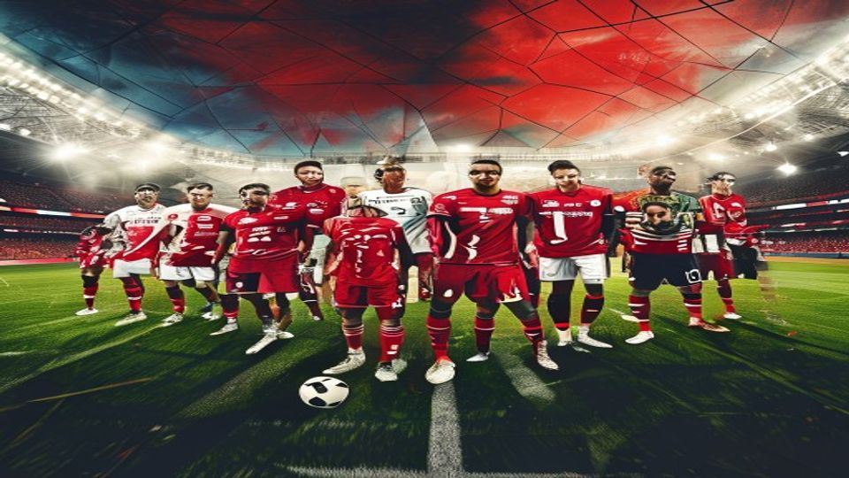 Soccer team in red jerseys lined up on the pitch with a ball at their feet in a stadium under bright lights.
