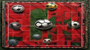 Top-down view of a red and green abstract field with multiple soccer balls scattered across it.