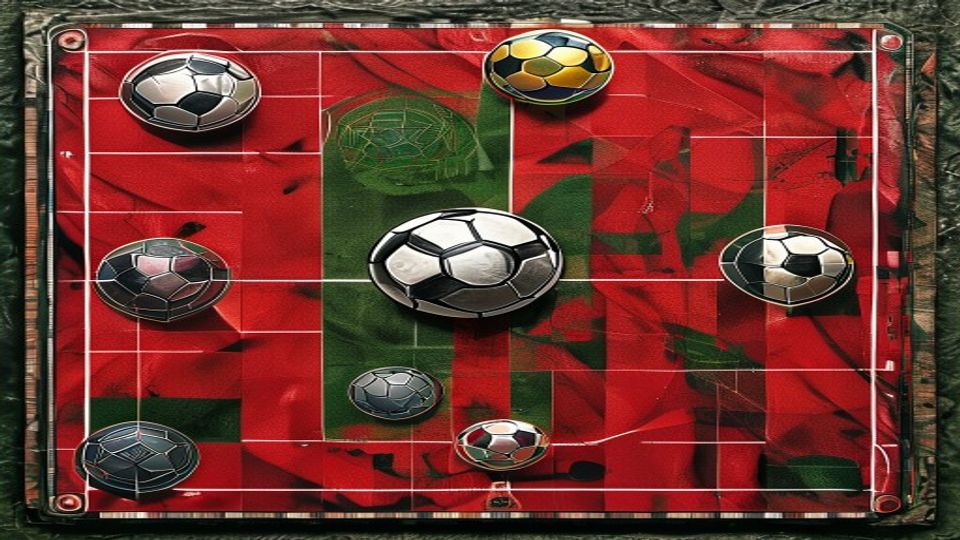 cover-9017-1785027658jpg - 實發體育 Top-down view of a red and green abstract field with multiple soccer balls scattered across it.