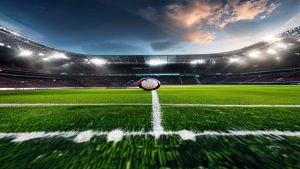 cover-9073-1785459630jpg - 實發體育 Soccer ball resting on the center line of a well-lit stadium pitch at dusk/ evening light.
