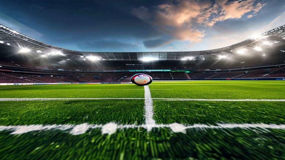 Soccer ball resting on the center line of a well-lit stadium pitch at dusk/ evening light.